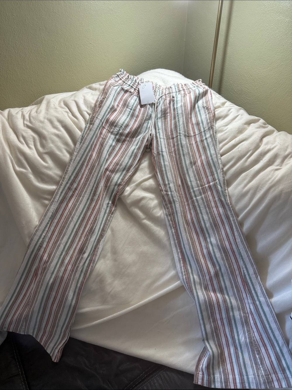Roxy Striped Cotton-Linen Blend women Pants - White, Orange , Green
